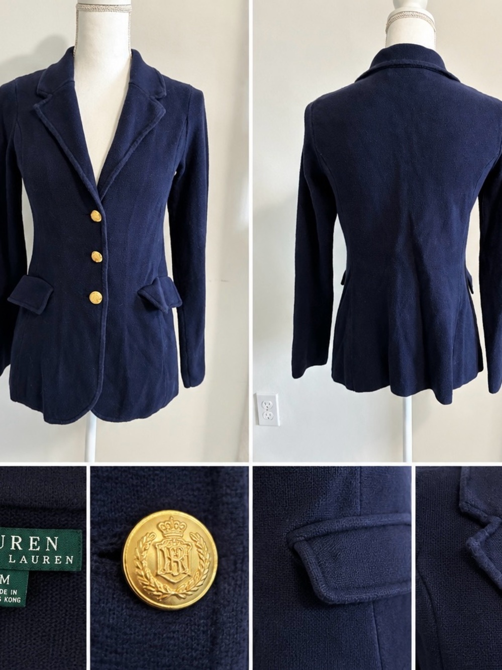 Vintage Lauren Ralph Lauren Navy Knit Blazer Gold Button Jacket